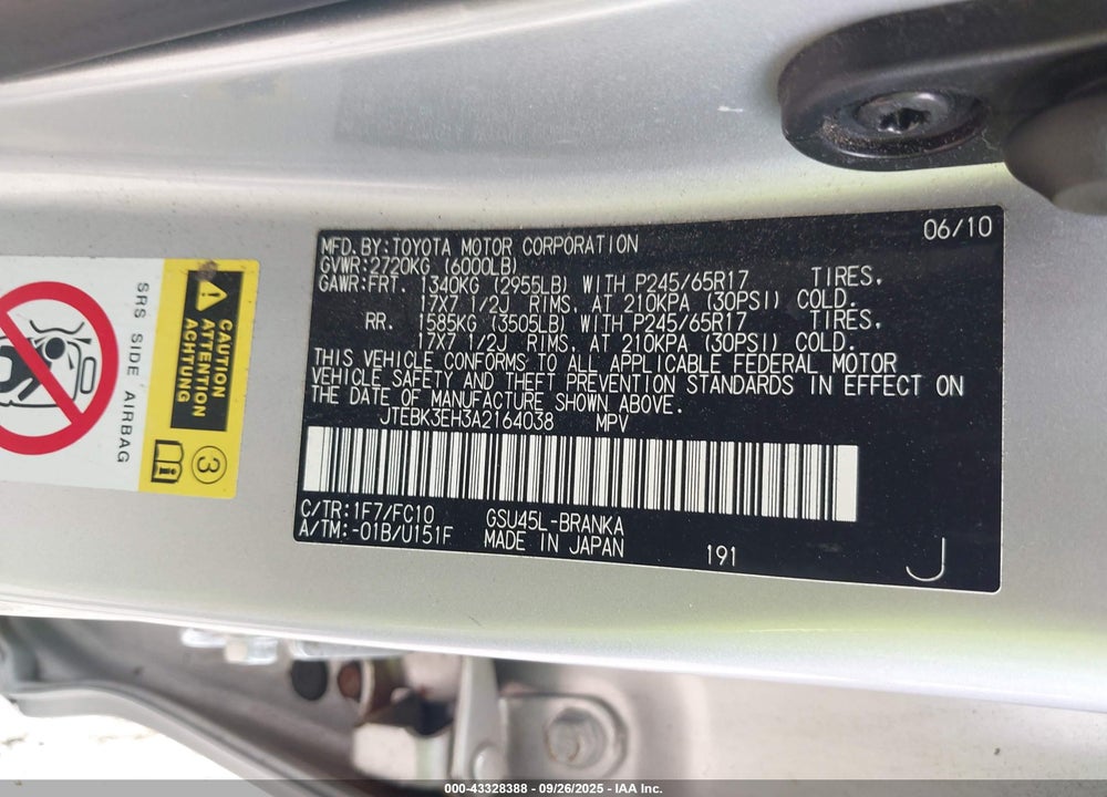 2010 TOYOTA HIGHLANDER VIN: JTEBK3EH3A2164038