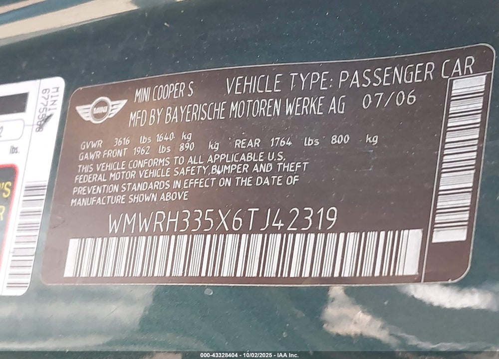 2006 MINI COOPER VIN: WMWRH335X6TJ42319