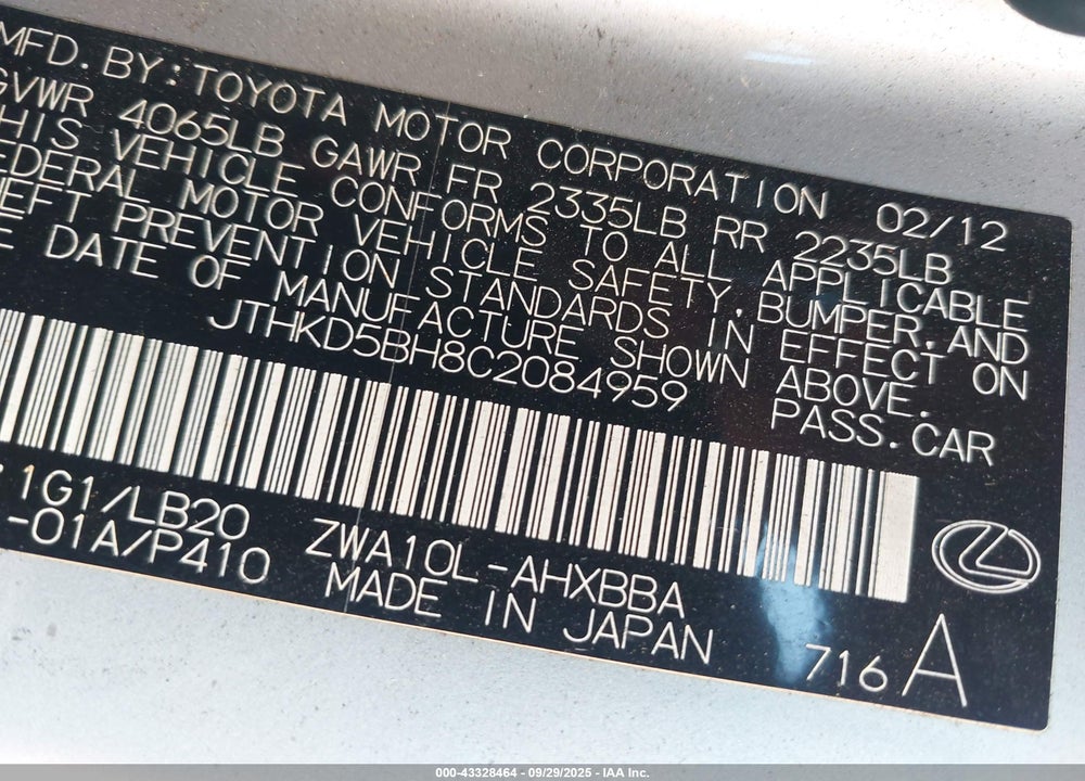 2012 LEXUS CT 200H VIN: JTHKD5BH8C2084959