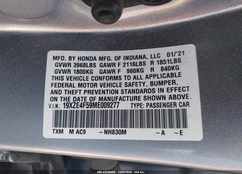 2021 HONDA INSIGHT VIN: 19XZE4F59ME009277