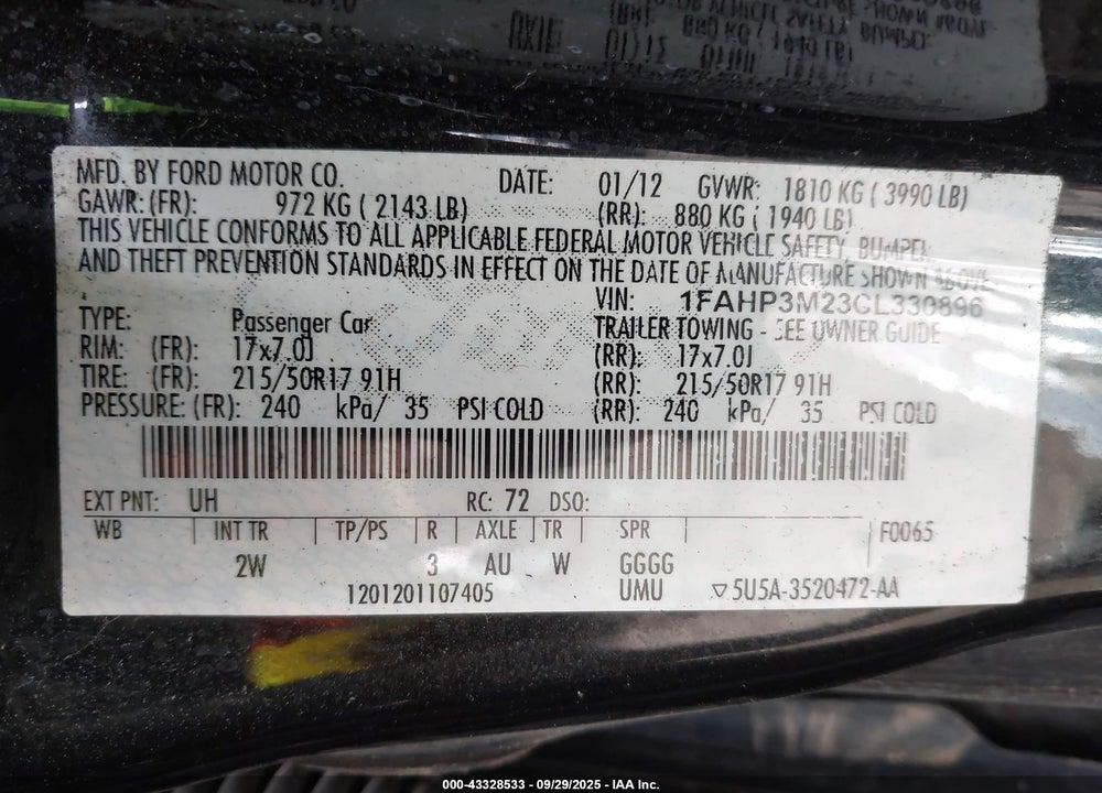 2012 FORD FOCUS SEL VIN: 1FAHP3M23CL330896