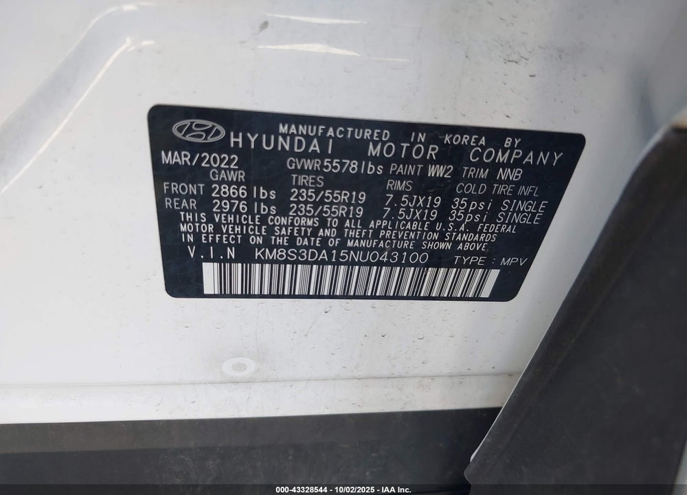 2022 HYUNDAI SANTA FE HYBRID VIN: KM8S3DA15NU043100