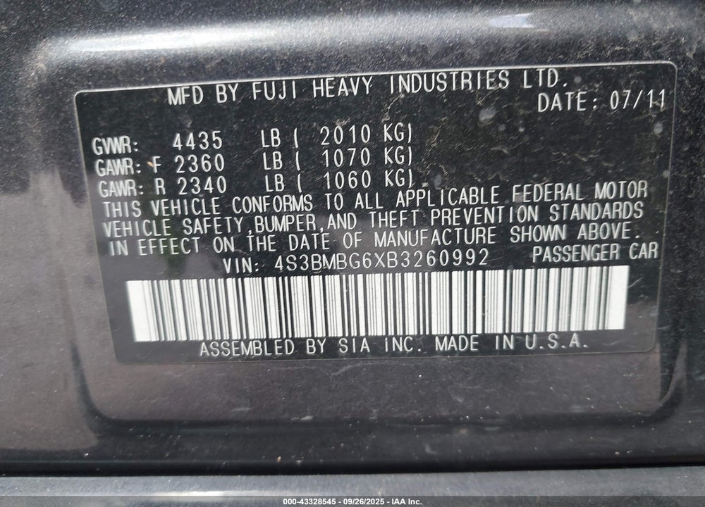 2011 SUBARU LEGACY VIN: 4S3BMBG6XB3260992