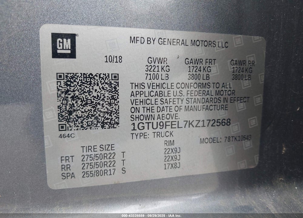 2019 GMC SIERRA 1500 VIN: 1GTU9FEL7KZ172568