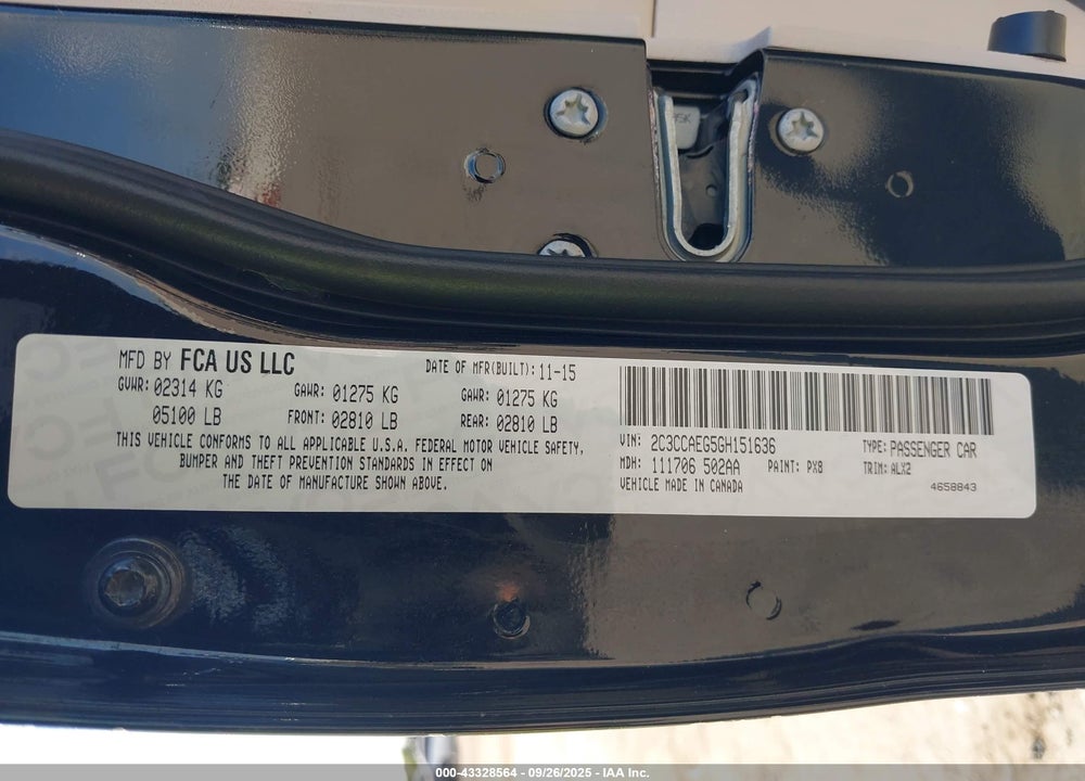 2016 CHRYSLER 300C VIN: 2C3CCAEG5GH151636