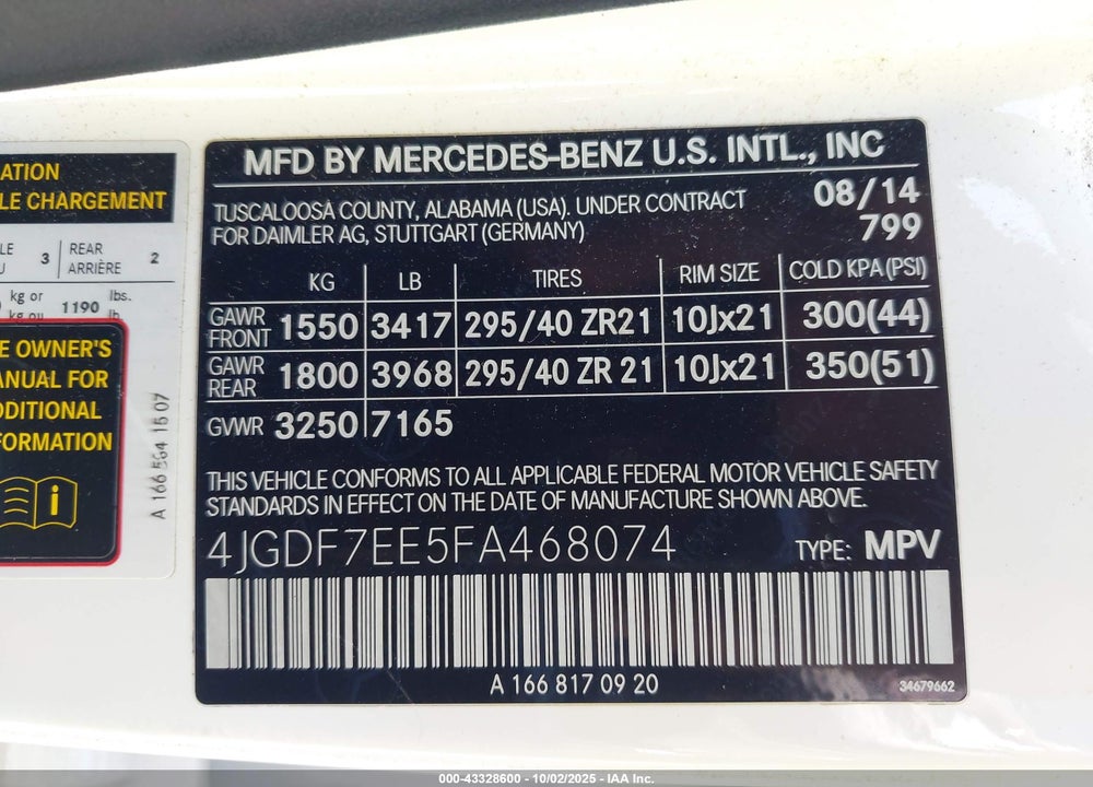 2015 MERCEDES-BENZ GL 63 AMG 4MATIC VIN: 4JGDF7EE5FA468074