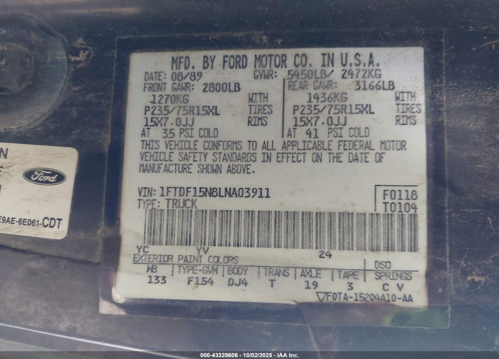 1990 FORD F150 VIN: 1FTDF15N8LNA03911