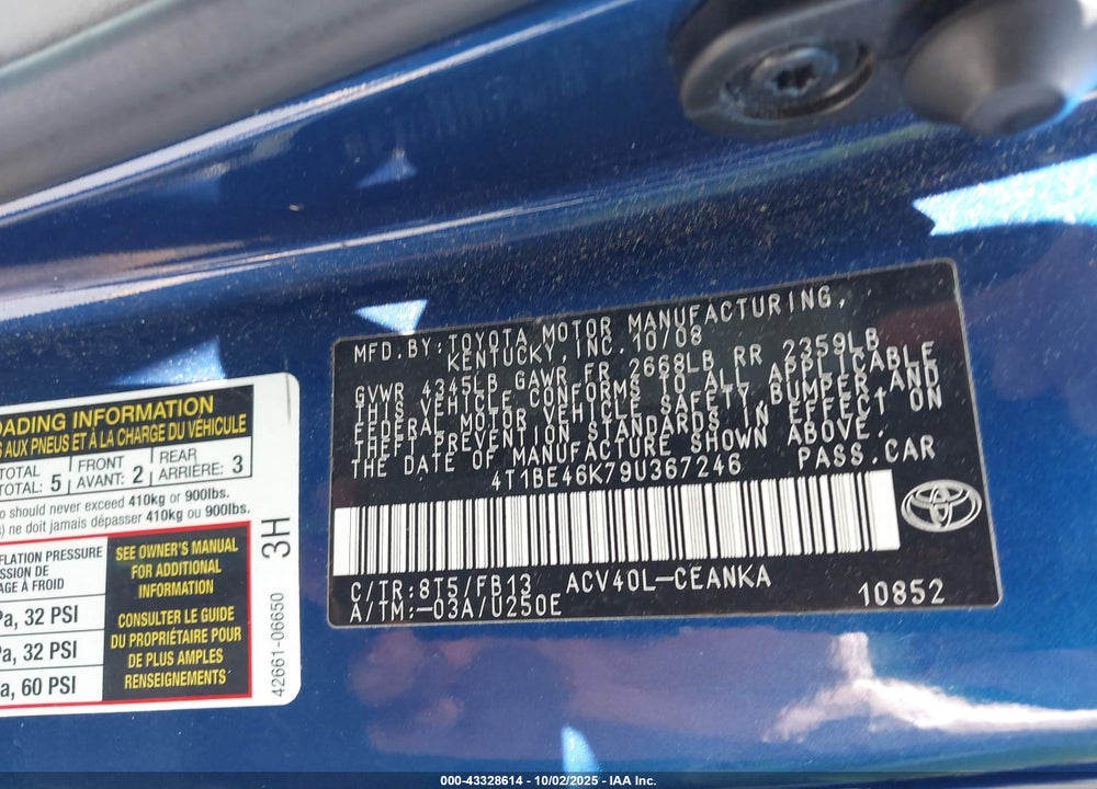2009 TOYOTA CAMRY LE VIN: 4T1BE46K79U367246