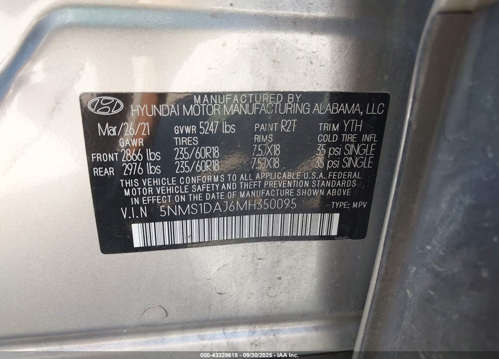 2021 HYUNDAI SANTA FE SE VIN: 5NMS1DAJ6MH350095