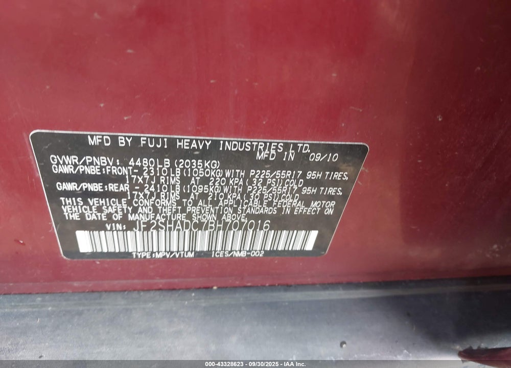 2011 SUBARU FORESTER VIN: JF2SHADC7BH707016