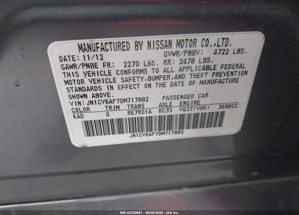 2013 INFINITI G37 VIN: JN1CV6AP7DM717882