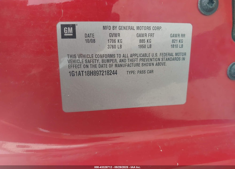 2009 CHEVROLET COBALT VIN: 1G1AT18H897218244