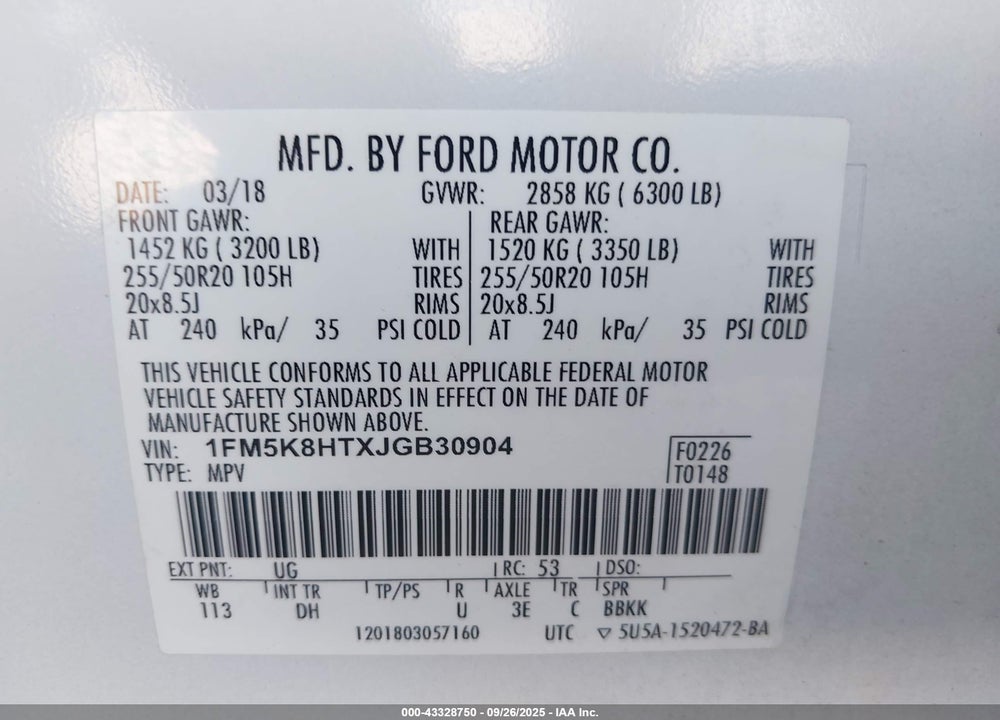 2018 FORD EXPLORER PLATINUM VIN: 1FM5K8HTXJGB30904