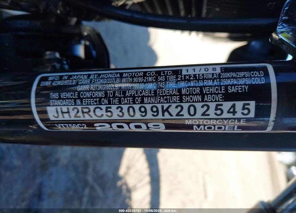 2009 HONDA VT750 C2 VIN: JH2RC53099K202545