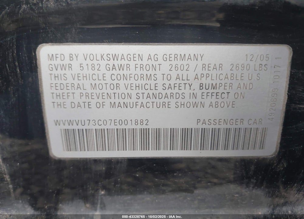2007 VOLKSWAGEN PASSAT VIN: WVWVU73C07E001882