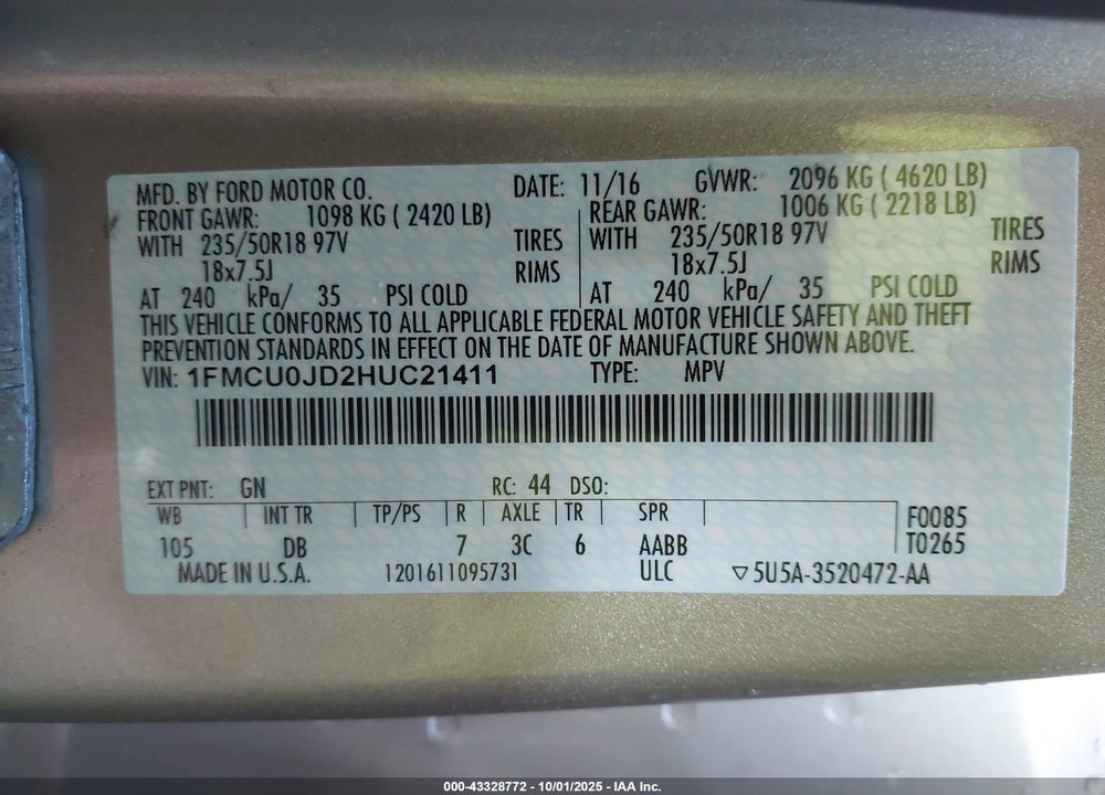 2017 FORD ESCAPE TITANIUM VIN: 1FMCU0JD2HUC21411