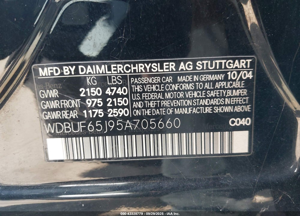 2005 MERCEDES-BENZ E 320 VIN: WDBUF65J95A705660