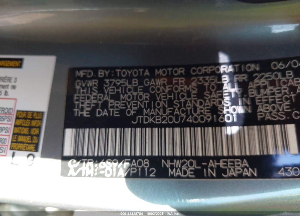 2004 TOYOTA PRIUS VIN: JTDKB20U740091601