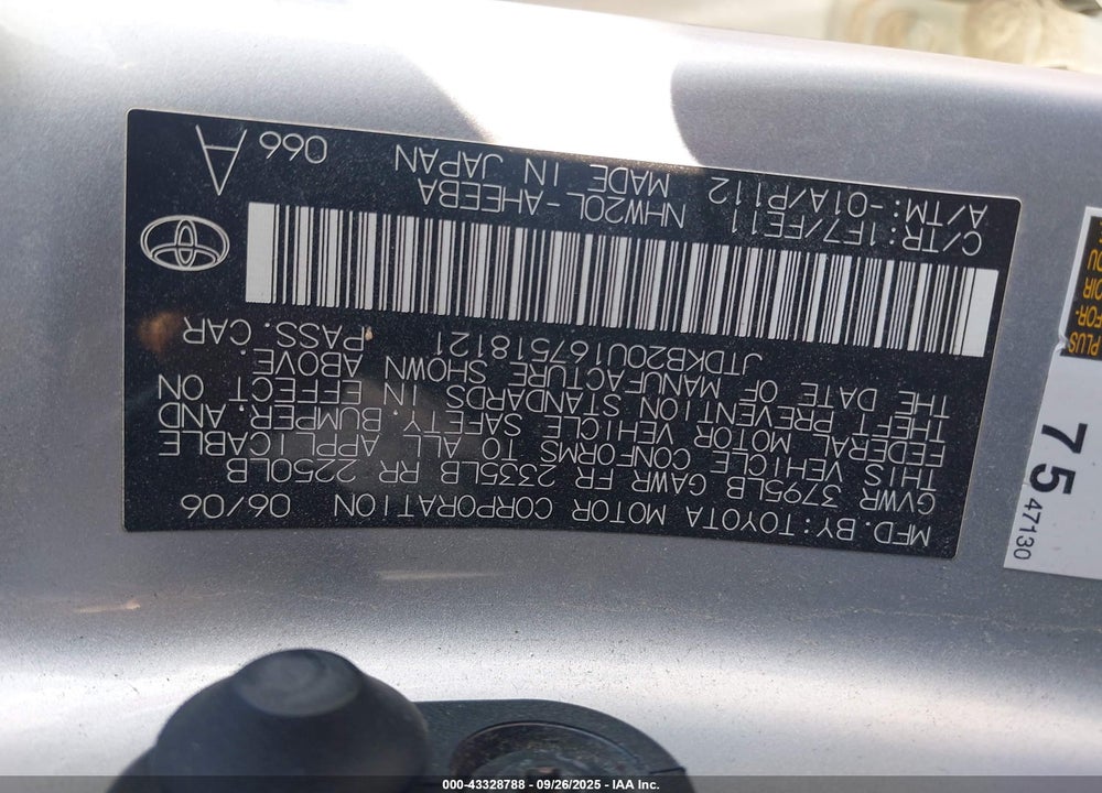 2006 TOYOTA PRIUS VIN: JTDKB20U167518121