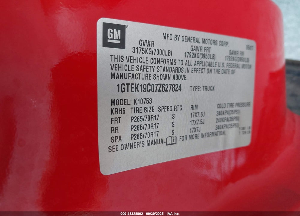2007 GMC SIERRA 1500 VIN: 1GTEK19C07Z627824