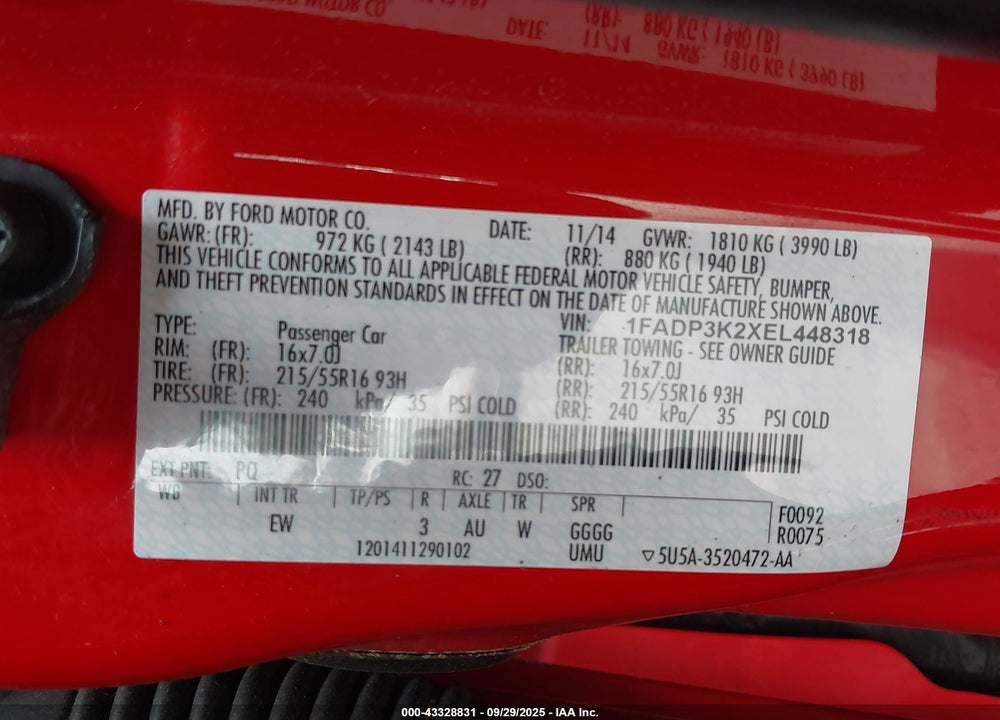 2014 FORD FOCUS VIN: 1FADP3K2XEL448318