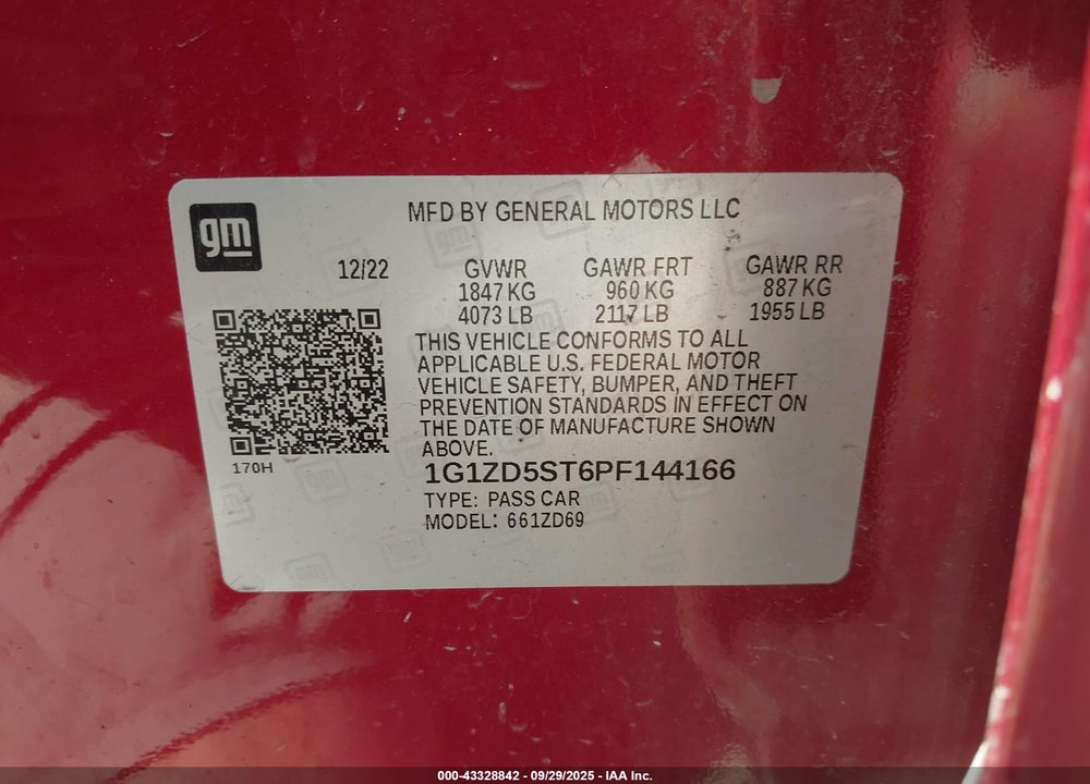 2023 CHEVROLET MALIBU FWD 1LT VIN: 1G1ZD5ST6PF144166
