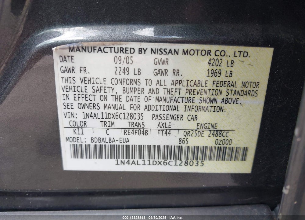 2006 NISSAN ALTIMA VIN: 1N4AL11DX6C128035