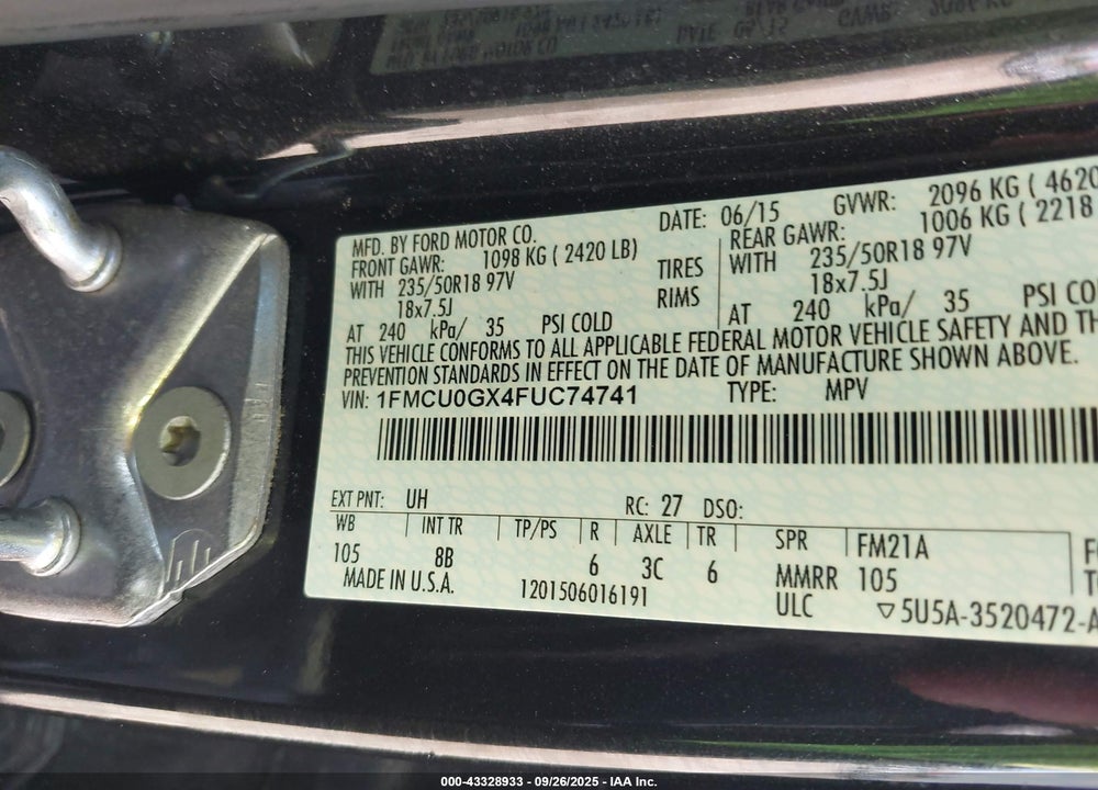 2015 FORD ESCAPE VIN: 1FMCU0GX4FUC74741