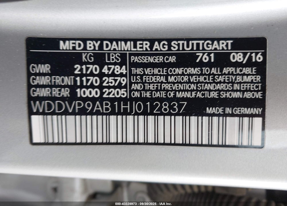 2017 MERCEDES-BENZ B-CLASS VIN: WDDVP9AB1HJ012837
