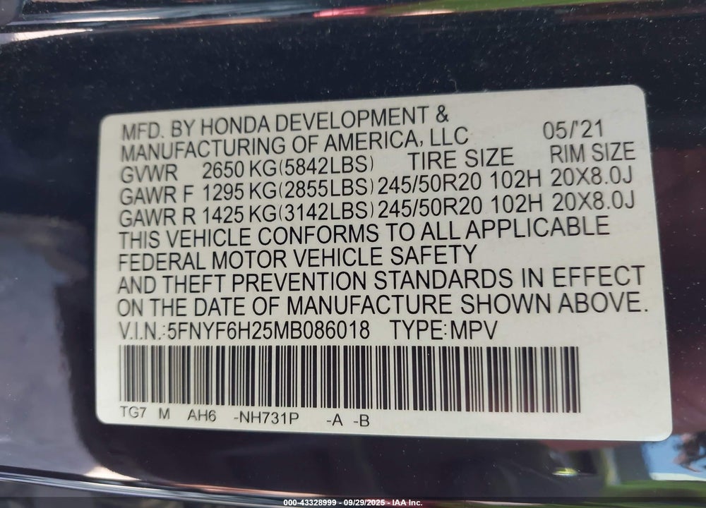 2021 HONDA PILOT AWD SPECIAL EDITION VIN: 5FNYF6H25MB086018
