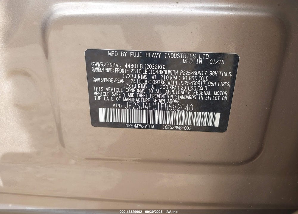 2015 SUBARU FORESTER VIN: JF2SJAFC1FH582540