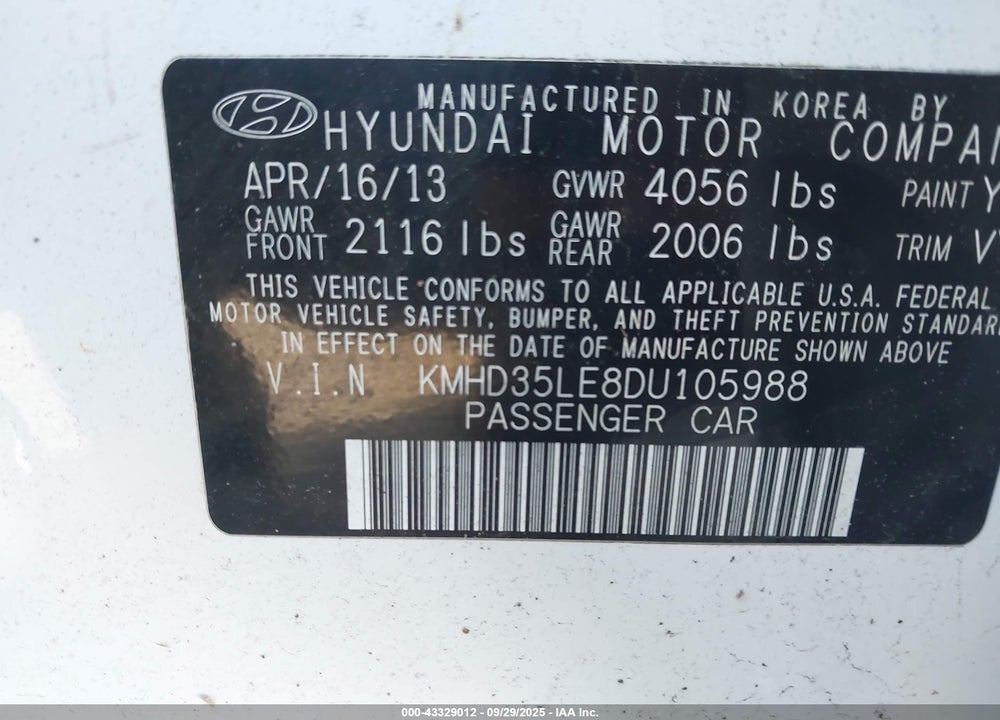 2013 HYUNDAI ELANTRA VIN: KMHD35LE8DU105988