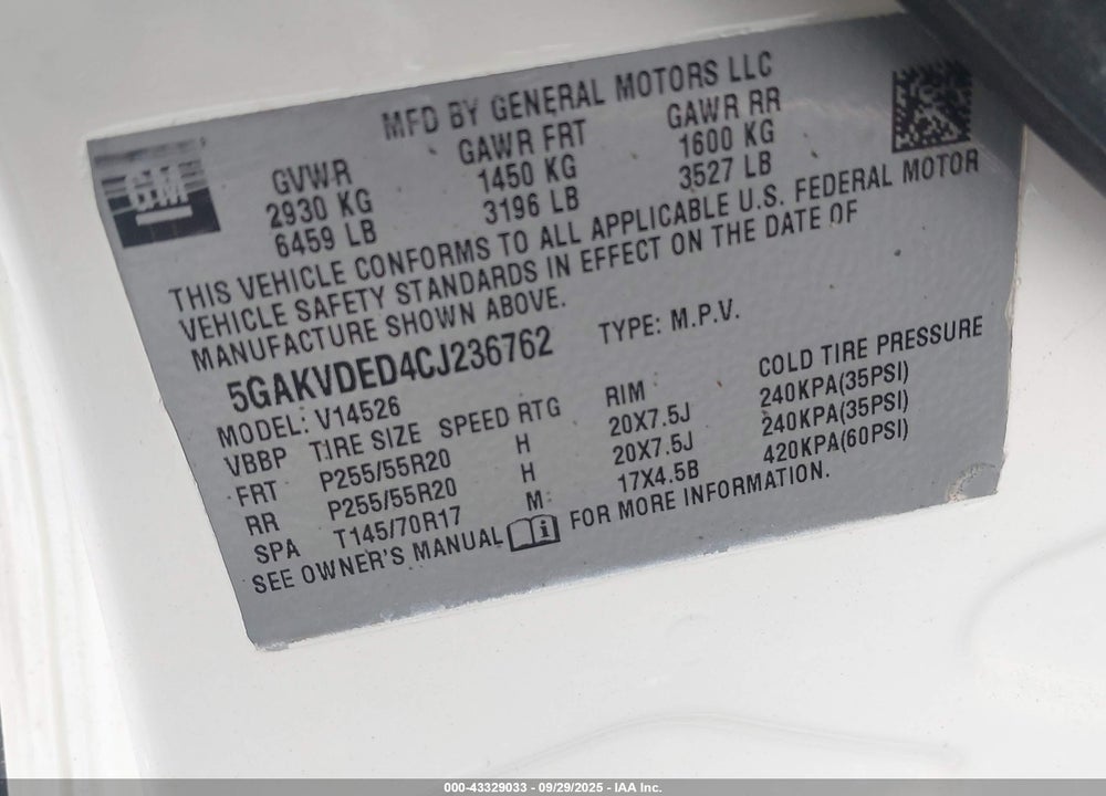 2012 BUICK ENCLAVE PREMIUM VIN: 5GAKVDED4CJ236762