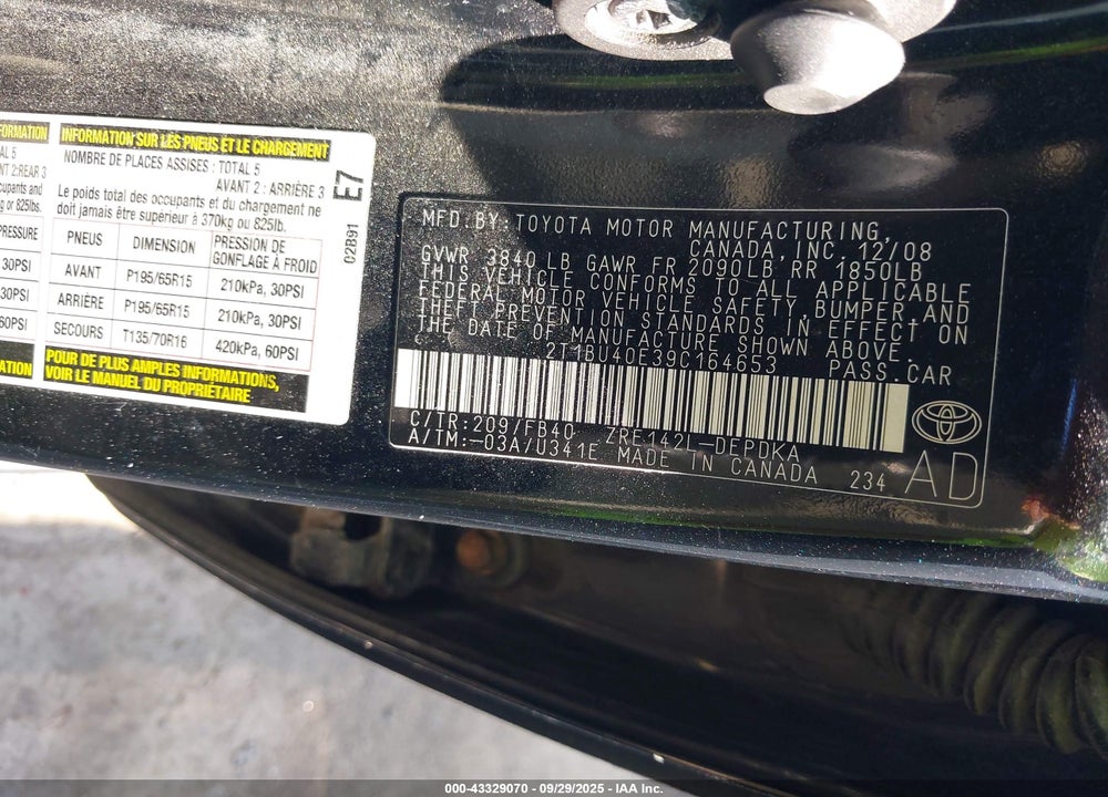 2009 TOYOTA COROLLA LE VIN: 2T1BU40E39C164653