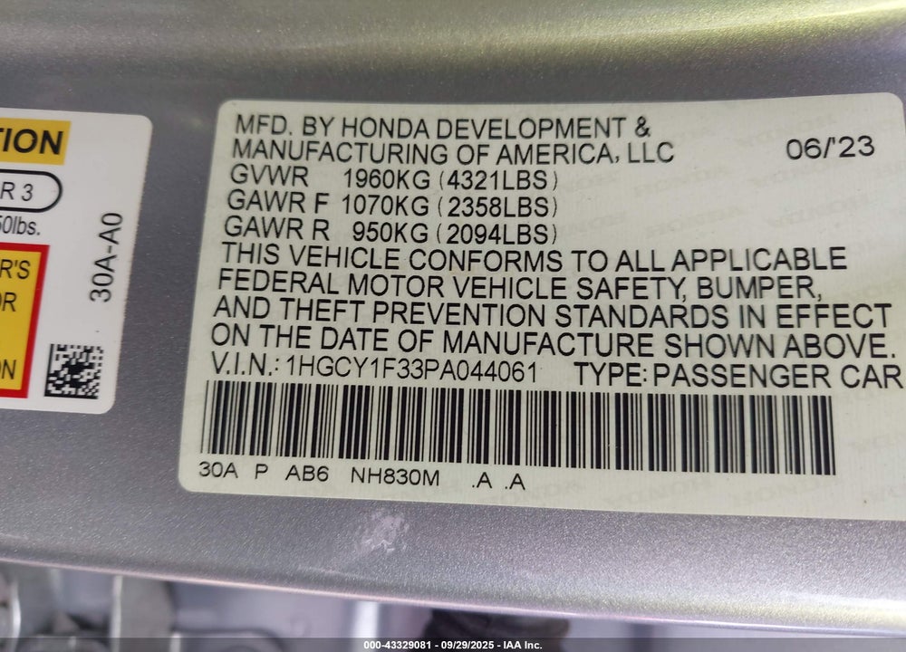 2023 HONDA ACCORD VIN: 1HGCY1F33PA044061