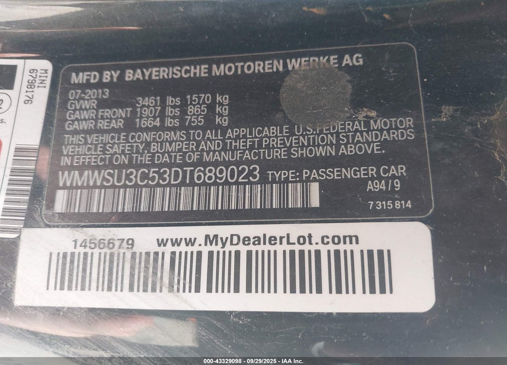2013 MINI HARDTOP VIN: WMWSU3C53DT689023