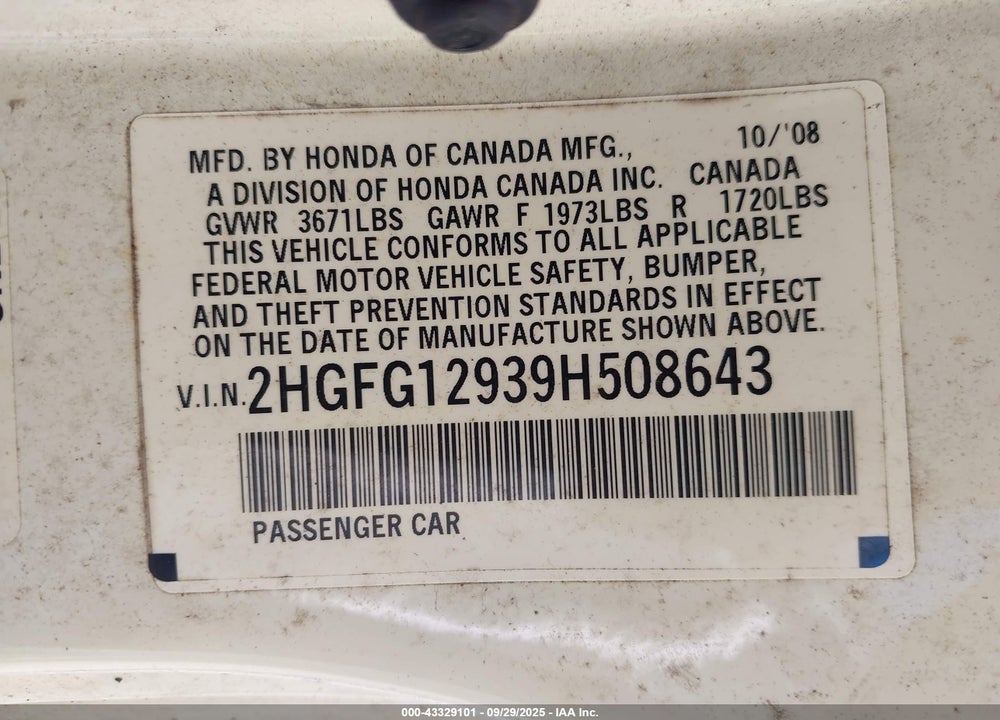 2009 HONDA CIVIC EX-L VIN: 2HGFG12939H508643