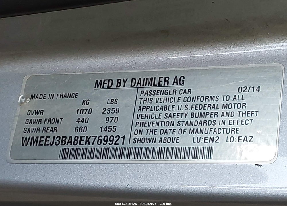 2014 SMART FORTWO VIN: WMEEJ3BA8EK769921