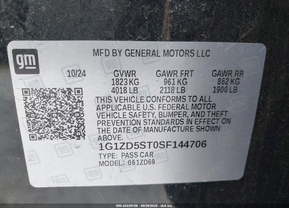 2025 CHEVROLET MALIBU FWD 1LT VIN: 1G1ZD5ST0SF144706