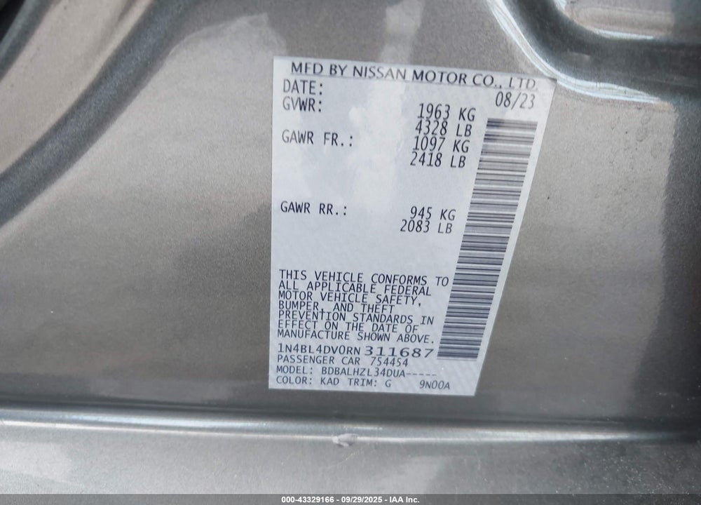 2024 NISSAN ALTIMA SV FWD VIN: 1N4BL4DV0RN311687