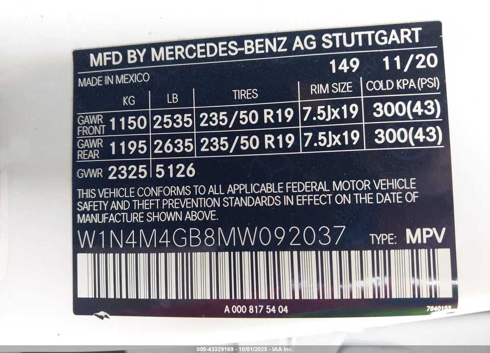 2021 MERCEDES-BENZ GLB 250 VIN: W1N4M4GB8MW092037