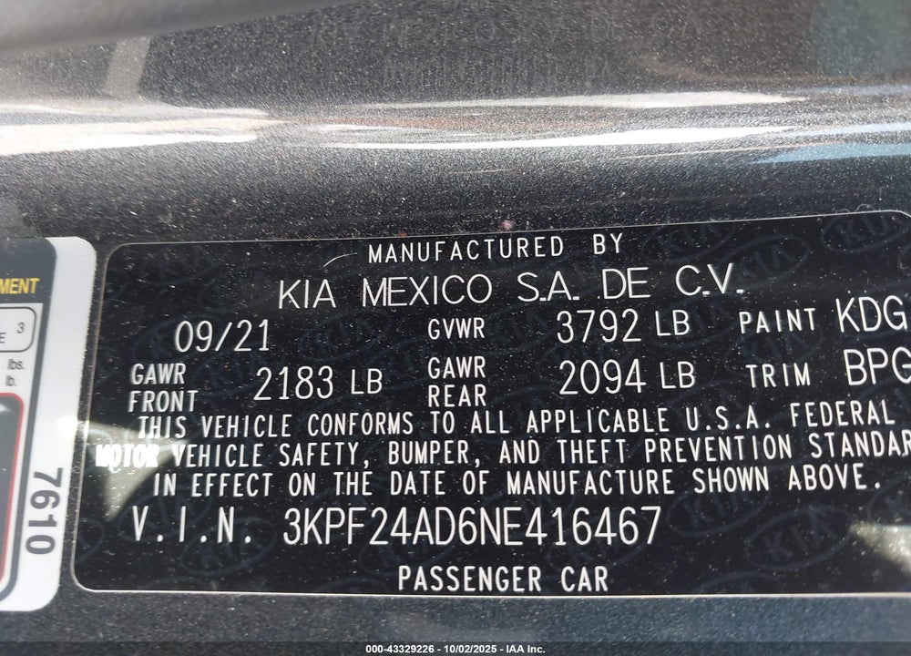 2022 KIA FORTE VIN: 3KPF24AD6NE416467