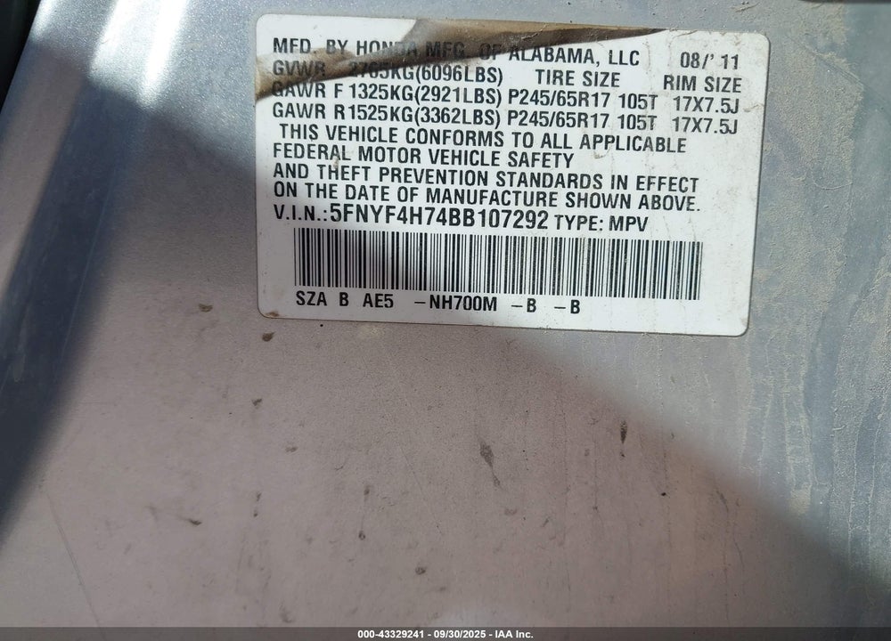 2011 HONDA PILOT EX-L VIN: 5FNYF4H74BB107292