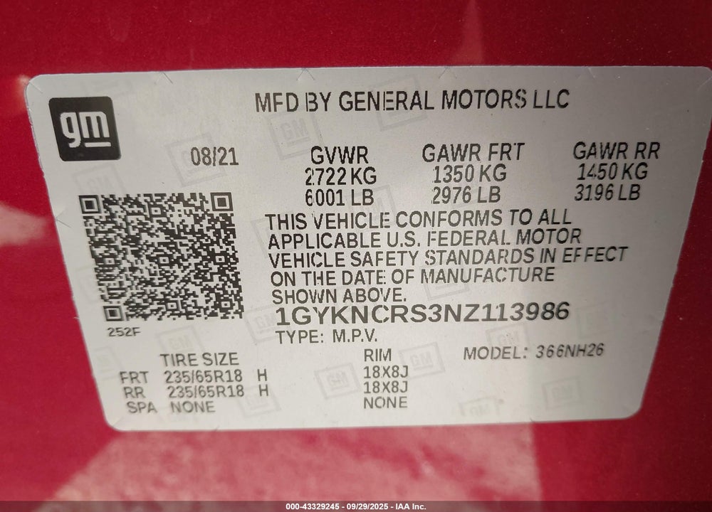 2022 CADILLAC XT5 VIN: 1GYKNCRS3NZ113986
