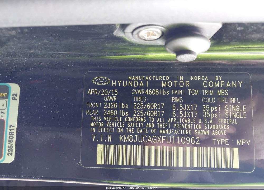 2015 HYUNDAI TUCSON VIN: KM8JUCAGXFU110962