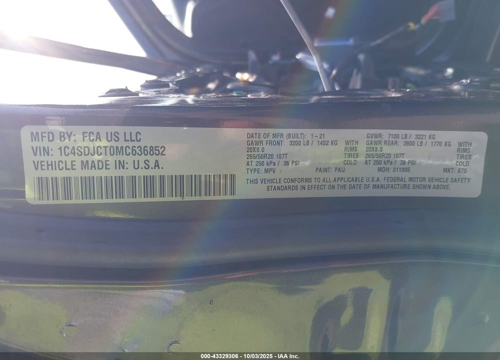 2021 DODGE DURANGO VIN: 1C4SDJCT0MC636852