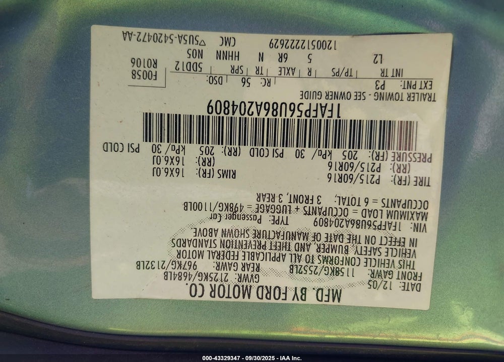2006 FORD TAURUS VIN: 1FAFP56U86A204809