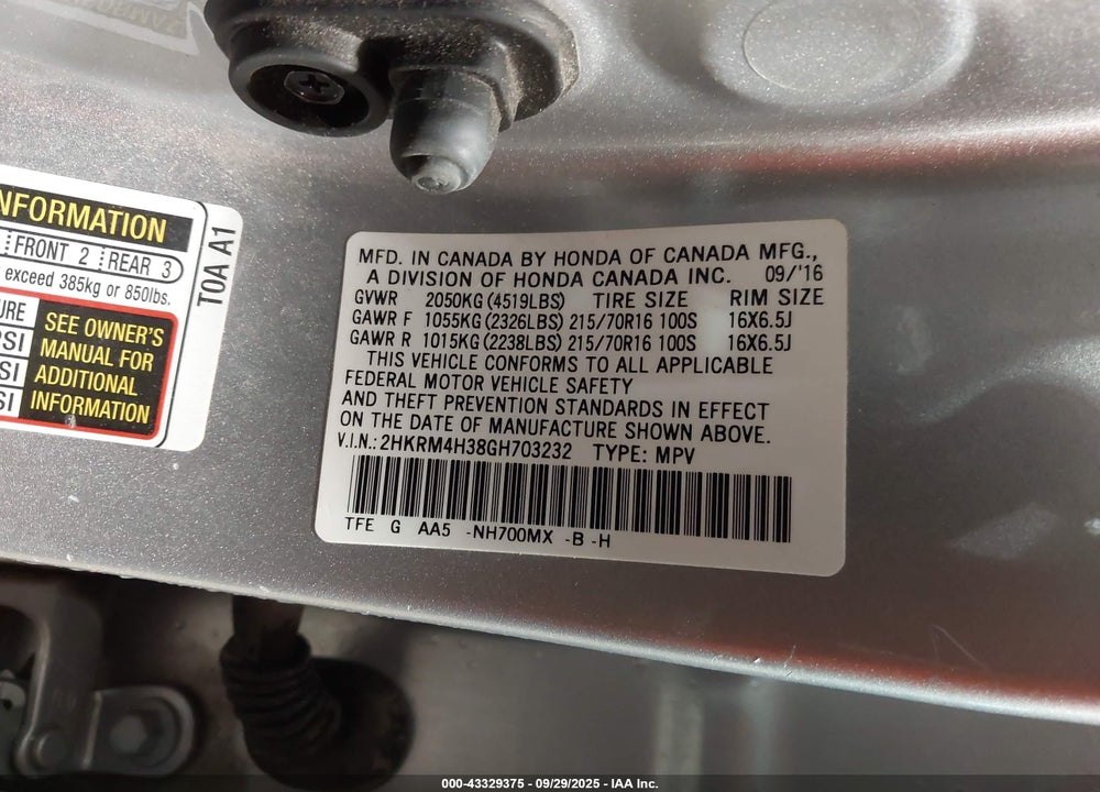 2016 HONDA CR-V LX VIN: 2HKRM4H38GH703232