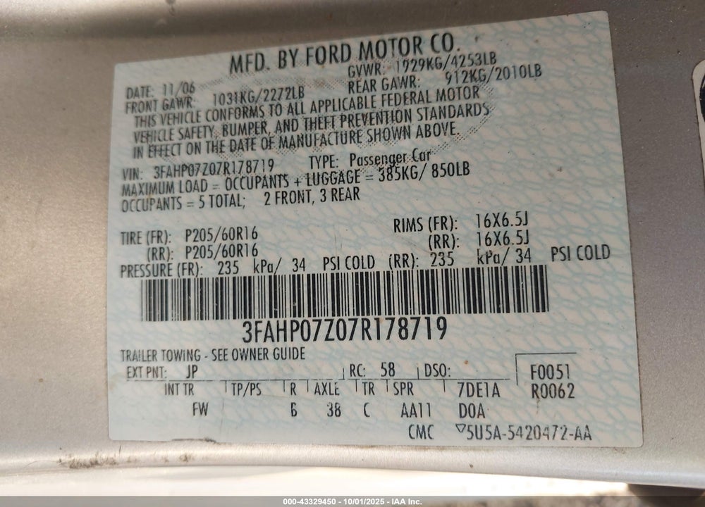 2007 FORD FUSION SE VIN: 3FAHP07Z07R178719