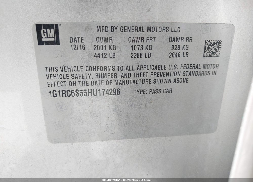 2017 CHEVROLET VOLT LT VIN: 1G1RC6S55HU174296